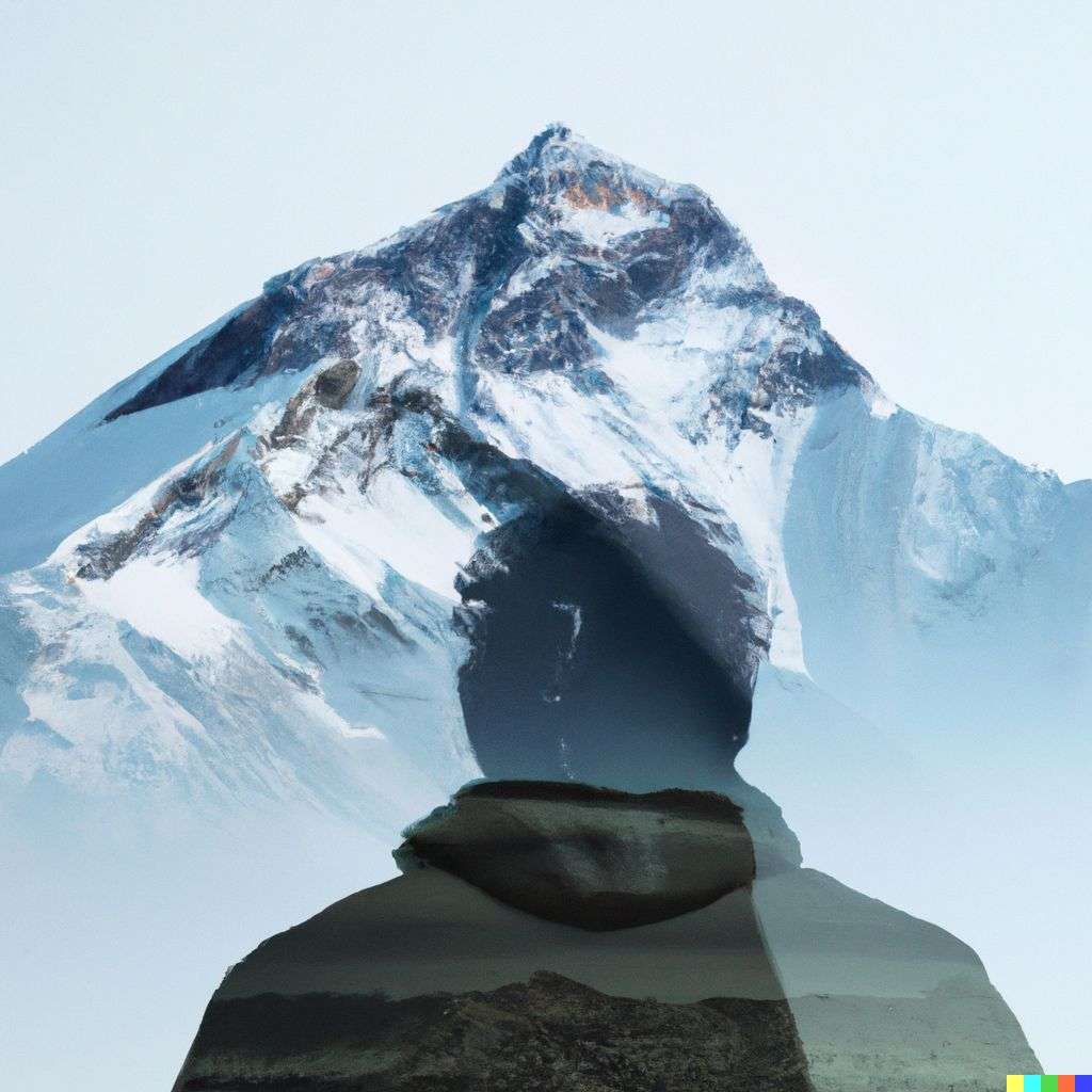 someone gazing at Mount Everest, photograph, double exposure
